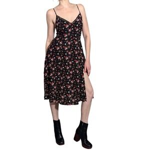 Lulus Black Floral Grunge Midi Dress with Slit & Crochet Trim Rayon Summer Sz S